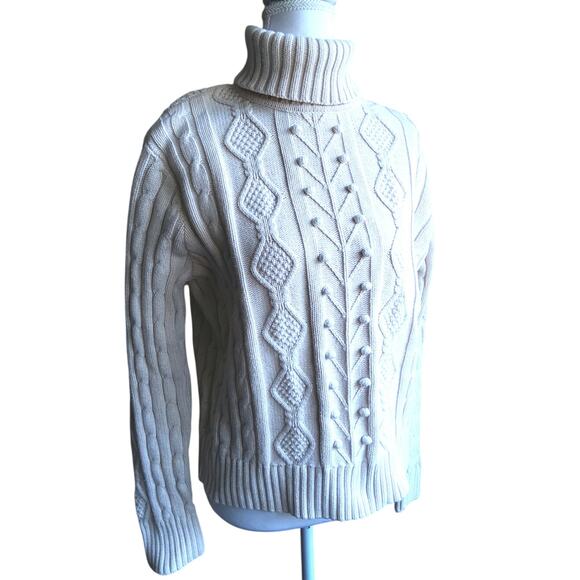 Womens Cozy cable knit pullover sweater cream, Turtleneck wool cotton blend sz M - Picture 1 of 5